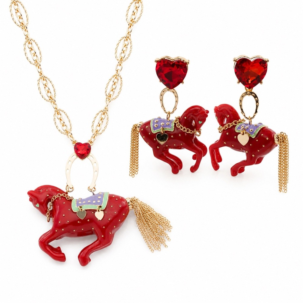 Betsey Johnson Red Horse Pendant Necklace and Earring Set with Gold Accents
